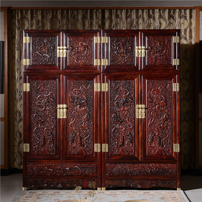 国标红木家具 印尼黑酸枝雕龙顶箱柜 卧室大衣柜阔叶黄檀四门衣柜