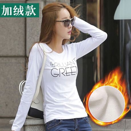 加绒加厚秋冬新款女装上衣体恤打底衫韩版修身显瘦白色长袖t恤女商品大图