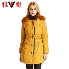 yaloo/雅鹿羽绒服女中长款 通勤貉子毛领纯色拉链修身外套图片