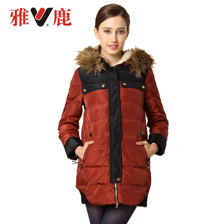 yaloo/雅鹿女冬装仿羊羔毛相拼色毛领外套韩版修身中长款羽绒服商品大图