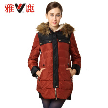 yaloo/雅鹿女冬装仿羊羔毛相拼色毛领外套韩版修身中长款羽绒服图片