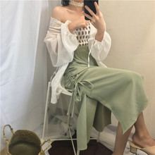 开衫 百搭波点吊带 chic时髦套装 复古抽绳绑带开叉半身裙 2018新款