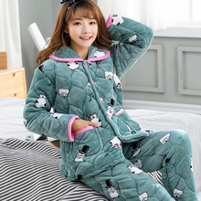 睡衣珊瑚绒保暖秋冬天季三层加厚夹棉法兰绒套装韩女家居服可外穿