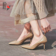 细跟真皮新款 女鞋 皮鞋 驼色尖头软皮单鞋 纯皮高跟鞋 女2019春款 瓢鞋