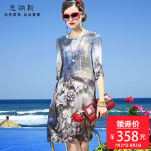 2018新款女式夏季夏款中老年妈妈重磅印花杭州真丝桑蚕丝连衣裙子图片