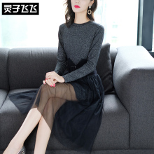 灵子飞飞欧美潮流新款圆领长袖打底衫束腰褶皱网纱A字女长裙少女图片
