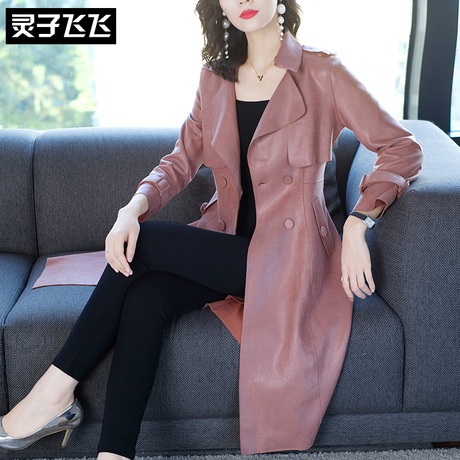 灵子飞飞欧美潮流新款纯色翻领长袖显瘦气质淑女长款小香风女风衣商品大图