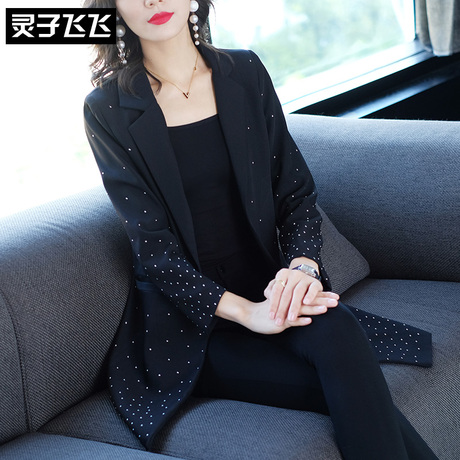 灵子飞飞欧美潮流新款翻领长袖星空印花开衫女西服通勤气质女外套商品大图