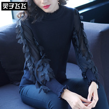 灵子飞飞2018秋装欧美复古钉片弹力针织纯色黑色重工针织毛衣上衣图片