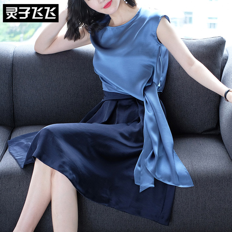 灵子飞飞欧美时尚新款圆领无袖女衫飘带拼搭收腰A字裙通勤女套装商品大图