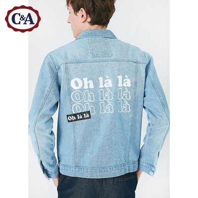 C&A时尚贴布丹宁夹克男 2018纯棉水洗磨破牛仔外套CA200202669