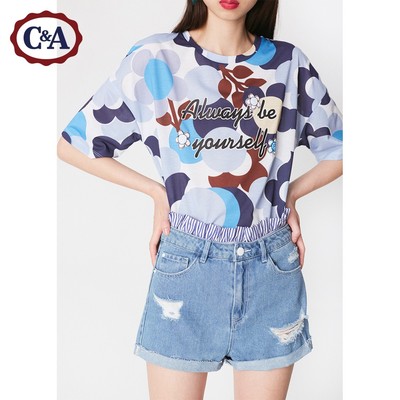 C&A花边纯棉高腰牛仔短裤女 夏季破洞毛边热裤CA200207080-BL