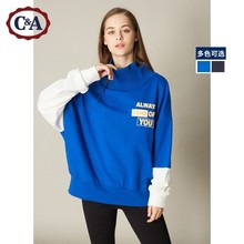 C&A不规则罗纹高领撞色卫衣女 冬季毛圈棉针织运动衫CA200212295