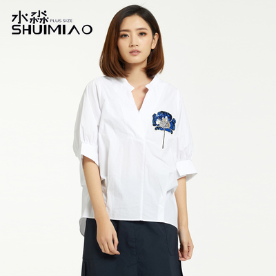 水淼加肥加大码女装胖妹妹2018春装新款胖mm立领中袖个性衬衫0980