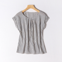 气质雪纺衫 修身 1夏季新品 竖条纹圆领短袖 女装 E12