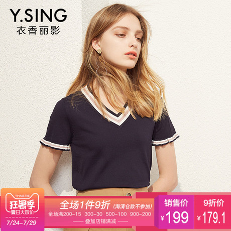 短袖针织衫女V领衣香丽影2018夏装新款港味复古宽松短款上衣薄商品大图