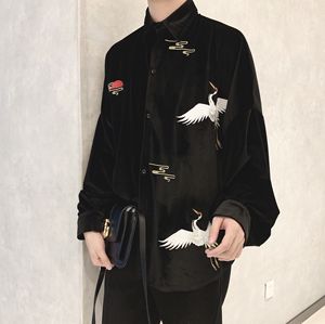 阿茶与阿古衬衫男长袖古风仙鹤刺绣两色廓形花苞袖丝绒衬衣男