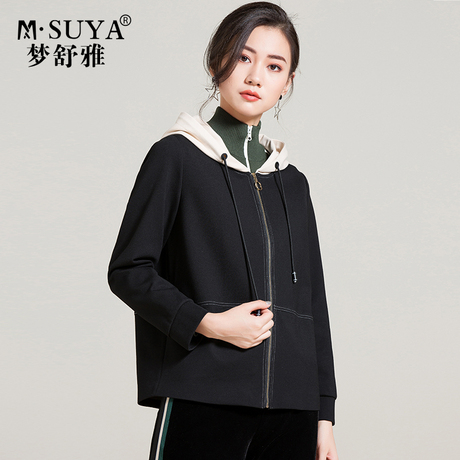 梦舒雅黑色短外套女春秋2018韩版新款连帽开衫大码宽松长袖上衣商品大图