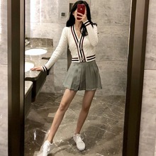 秋冬新款 减龄时尚 韩版 套装 百褶裙裤 女潮 毛衣小外套 针织拼色开衫