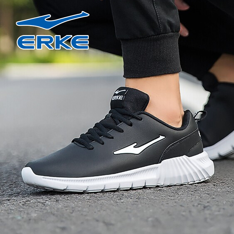 ERKE Sports Shoes Men's Shoes Autumn and Winter New Black Leather Waterproof Student Soft Sole Light Running Shoes