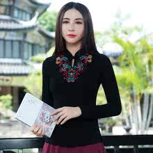 大码 中国风复古盘扣打底衫 t恤长袖 绣花秋衣修身 民族风女装 棉上衣