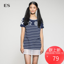 艾格ES 女装夏季经典条纹拼接圆领T恤纯棉学院风S635图片