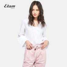 艾格Etam夏季时尚欧美风简约v领宽松微喇叭长袖衬衫M003图片
