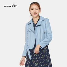 艾格Weekend个性纯色斜拉链短款长袖牛仔外套女M190图片