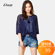 艾格 Etam 夏季宽松时尚网纱镂空圆领七分袖T恤S049图片