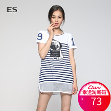 【单码S】艾格ES夏季女装动物印花条纹拼接短袖T恤女宽松S636图片