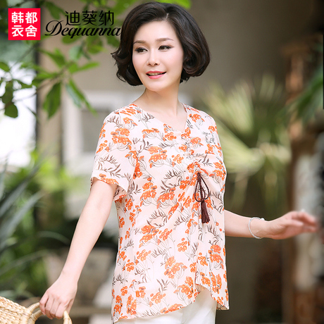 迪葵纳中老年女装2018夏装新款上衣中年妈妈装短袖T恤WD7404钬商品大图