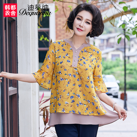 迪葵纳妈妈装2018夏装新款中年上衣中老年女装印花T恤WD7292钬商品大图