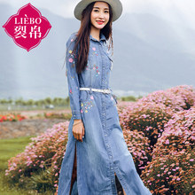 裂帛旗舰店2018秋装新款刺绣直筒长裙长袖牛仔连衣裙女装裙子裂锦图片