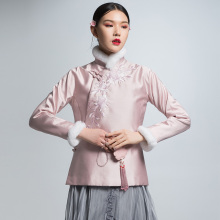 2018冬季新款中式复古风刺绣毛领改良唐装短款旗袍上衣棉服外套女图片