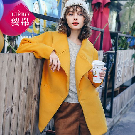 裂帛女装2017冬装新款宽松大廓型呢大衣翻领落肩袖毛呢外套女商品大图