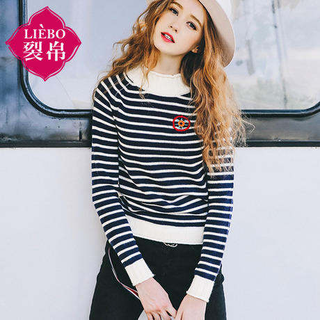 裂帛女装2018冬装新款卷边企领条纹提花套头衫刺绣和提毛衣女商品大图