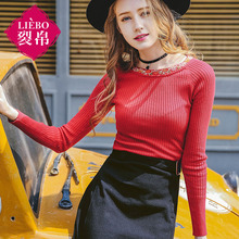 裂帛女装2018秋新款圆领刺绣插肩袖套头衫修身显瘦针织衫图片