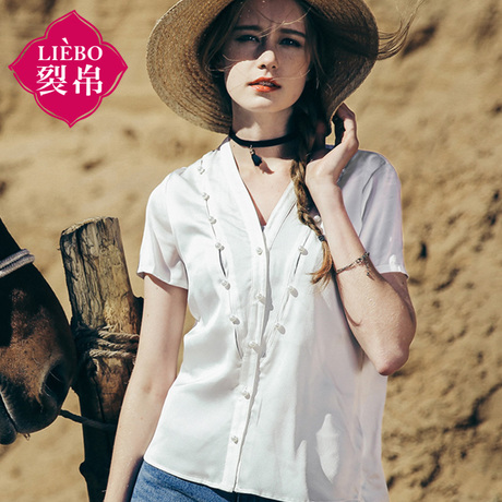 裂帛女装2018夏新款V领珍珠装饰短袖衬衫简约时尚雪纺衬衣女商品大图