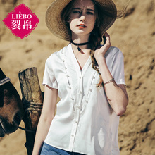 裂帛女装2018夏新款V领珍珠装饰短袖衬衫简约时尚雪纺衬衣女图片