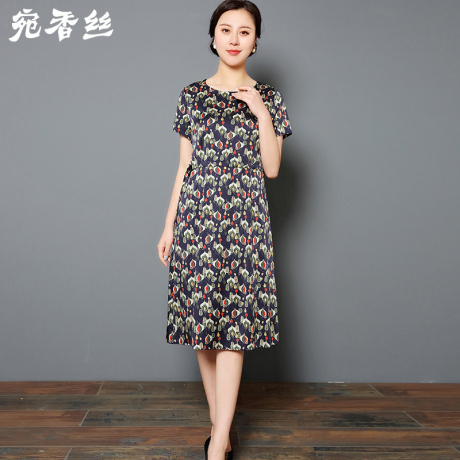 宛香丝重磅真丝中老年中长款收腰连衣裙女2019春夏新款桑蚕丝顺滑商品大图