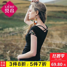 裂帛2018夏季新款短袖T恤装V领纯黑色修身半袖显瘦上衣针织服女图片