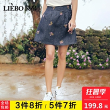 裂帛2018夏装新唯美绣花褶皱小清新拉链后腰松紧纯棉牛仔半身裙女图片