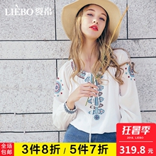 裂帛2018夏装新款民族风百搭圆领系绳刺绣松紧长袖小清新雪纺衫女图片