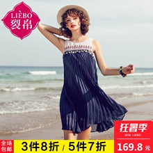 裂帛2018夏新款雪纺无袖小心机百褶背心宽松遮肚子蓝色连衣裙仙女图片