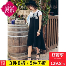 裂帛连衣裙女夏2018新款显瘦圆领文艺吊带刺绣学院风个性拼接长裙图片