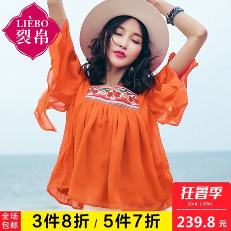 裂帛2018夏装新款时尚小方领民族风刺绣清爽宽松温柔短袖雪纺衫女商品大图