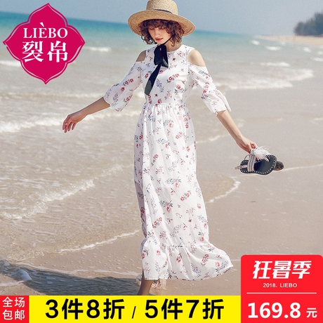 裂帛女夏连衣裙2018新款仙女显瘦度假风圆领拉链露肩印花雪纺长裙商品大图