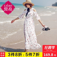 裂帛女夏连衣裙2018新款仙女显瘦度假风圆领拉链露肩印花雪纺长裙图片