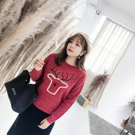 采多宝大码女装2018胖妹妹冬装加厚保暖刺绣小鹿套头毛衣女MY0015商品大图