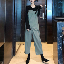 连体裤 T恤 长袖 秋装 宽松休闲工装 女2018新款 复古港味背带九分裤